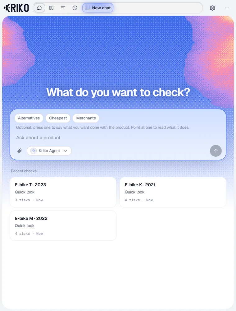 The Kriko app's start screen. A box reads Ask about a product, with three recent checks below it.