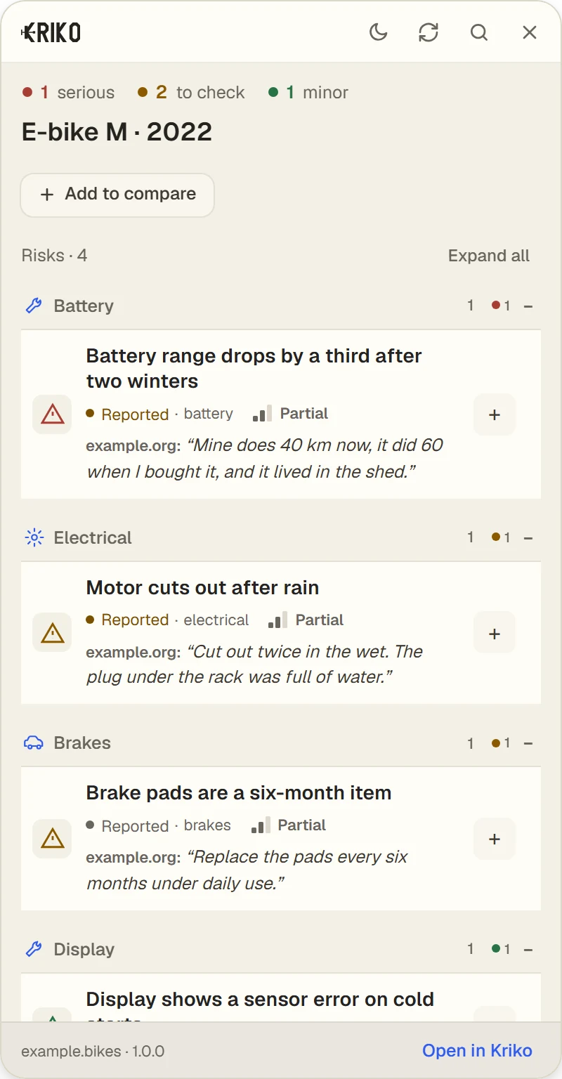 The Kriko panel for an invented e-bike. It lists four things to check, from a battery that fades down to a minor display note.