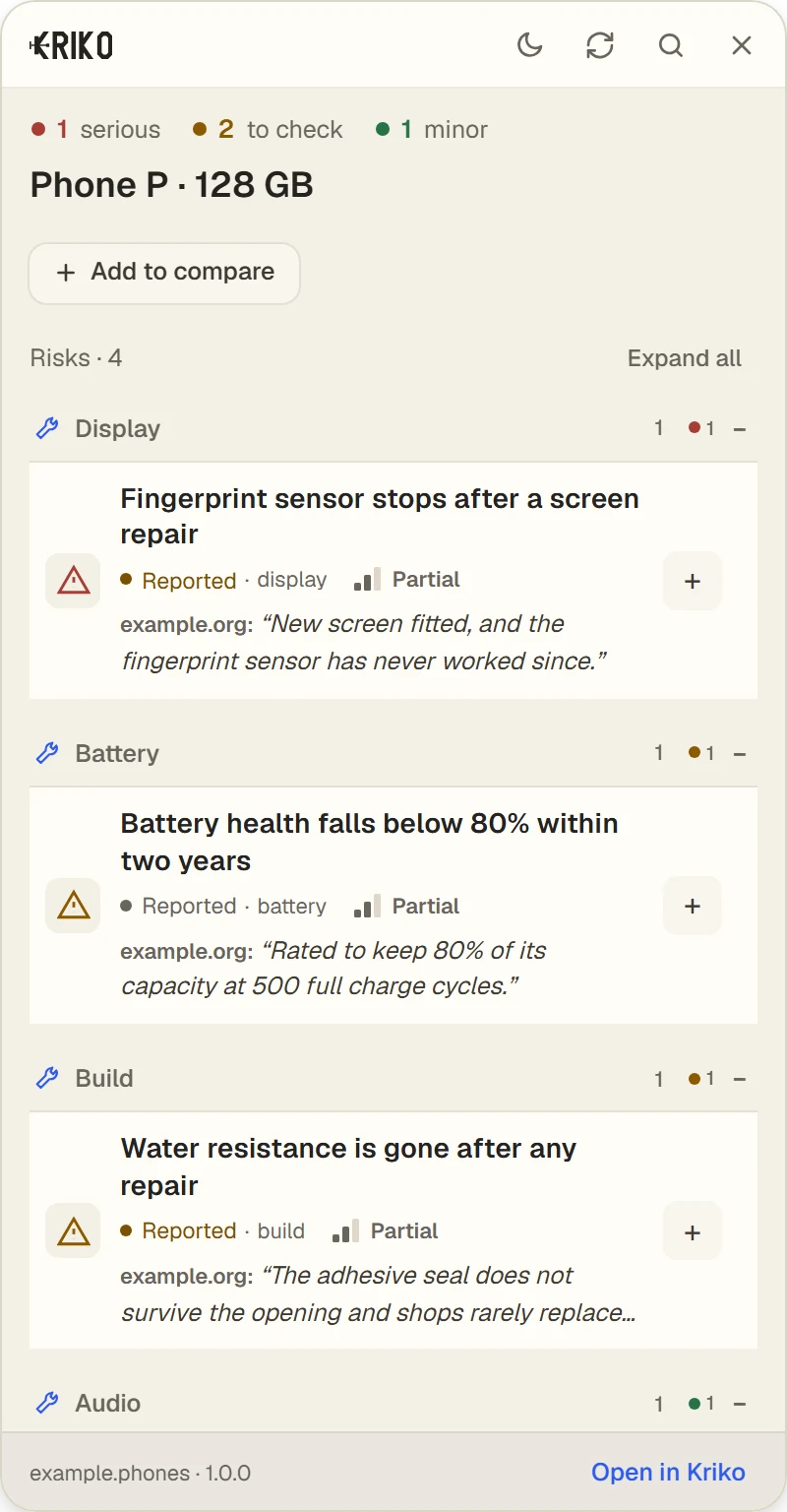 The Kriko panel for an invented used phone. Findings include a fingerprint sensor that stops after a screen repair and battery health below 80 percent.