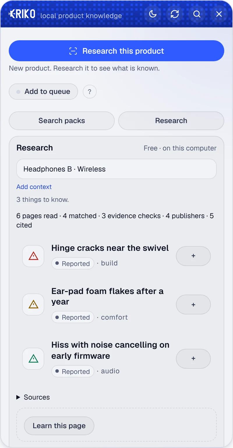 The research card for an invented pair of headphones. A quick look found three things to know, with the number of pages read.