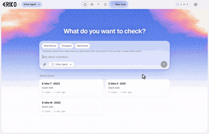 A saved check for an invented e-bike with three findings, one marked Thin. A cursor opens Settings and chooses Hide thin. Back on the check, the thin finding is gone and a line says one thin finding is hidden, with a button to show it.