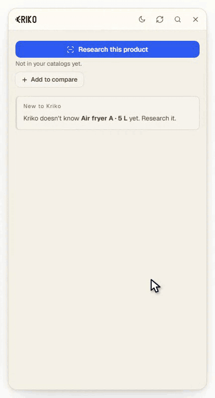 Kriko's panel on a page for an invented air fryer. It says the product is not in your catalogs yet. A cursor presses Research this product, then starts the research, and three findings appear, each with a quote from its source.