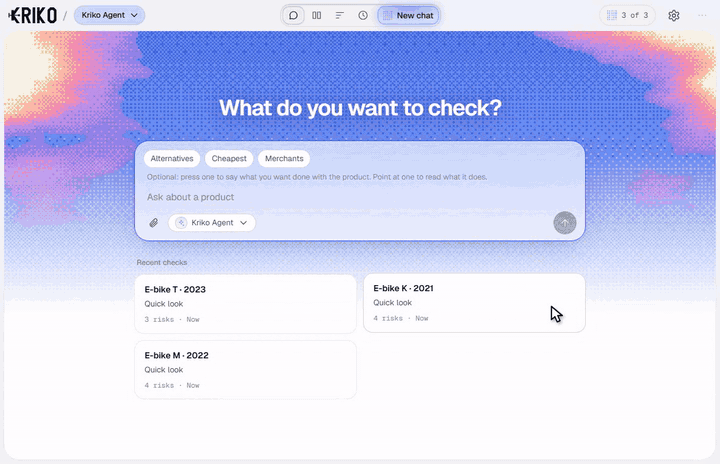 The Kriko desktop app. A cursor opens a saved check for an invented e-bike, then opens the evidence behind its first finding, which lists three sources.